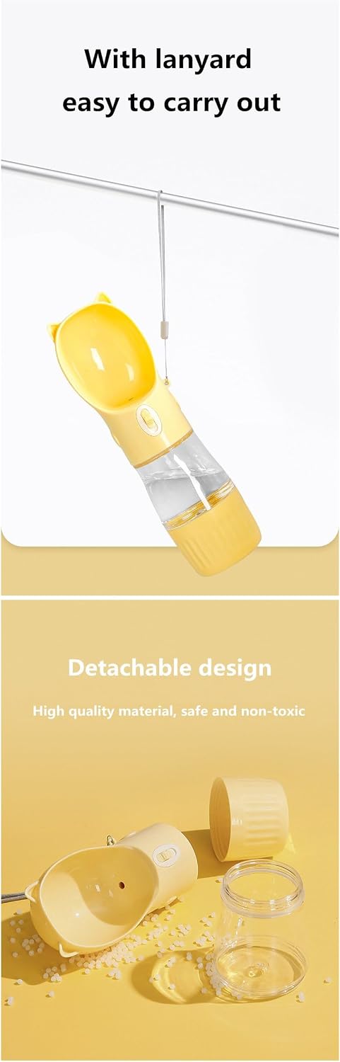 Dog Travel Water Bottle with Food Container – 2-in-1 Portable Pet Water Dispenser, Leak-Proof Dog Water Bottle with Bowl & Lanyard, 250ml/180g Capacity, Yellow