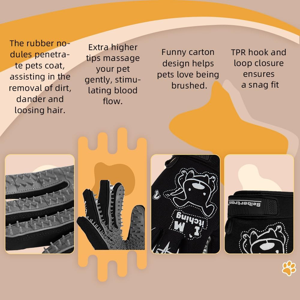 Seibertron Patented P.G.M.G-1 Pet Hair Remover/Deshedding Grooming Gloves Seven Sizes Fit All Works for Dogs, Horses, Cats and Other Animals Short Fur(1-Pair) Adult Black XXS