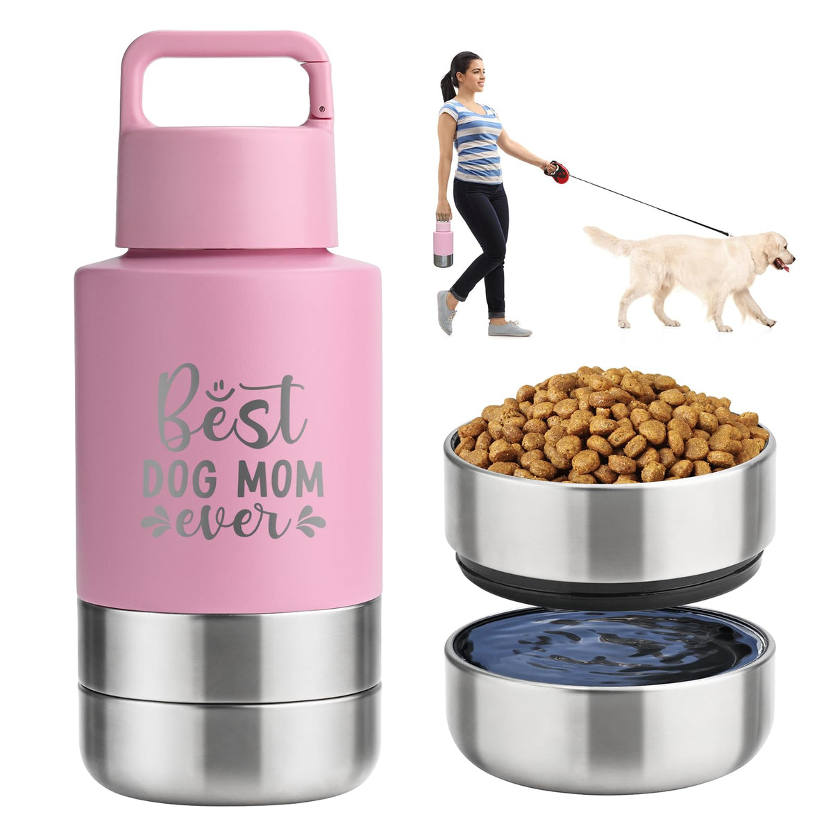 KEWIXY Insulated Dog Travel Water Bottle With Detachable Bowls, Ideal Gifts for Dog Lovers, Portable Water Bottle Dispenser, For Walking, Hiking, Camping, Outdoor (Black:Dogs Better, 32 Oz)
