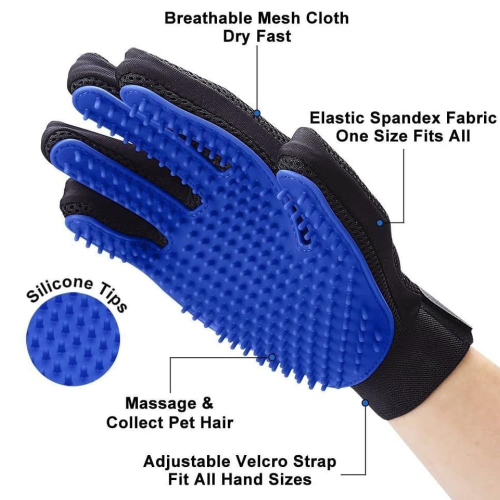 Pet Grooming Glove for Dogs & Cats, Silicone Deshedding Brush, Gentle Hair Remover Mitt with Soft Massage Tips, Bath Grooming Tool for Long & Short Hair, Adjustable Wrist Strap, Blue