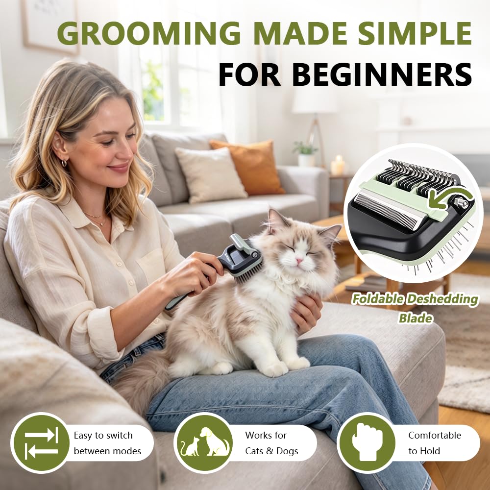 3-in-1 Multifunctional Pet Grooming Brush, Dematting Comb + Deshedding Blade + Massage Pin Comb, Removes Tangles & Loose Fur, Grooming & Interactive Massaging Tool for Cats & Dogs