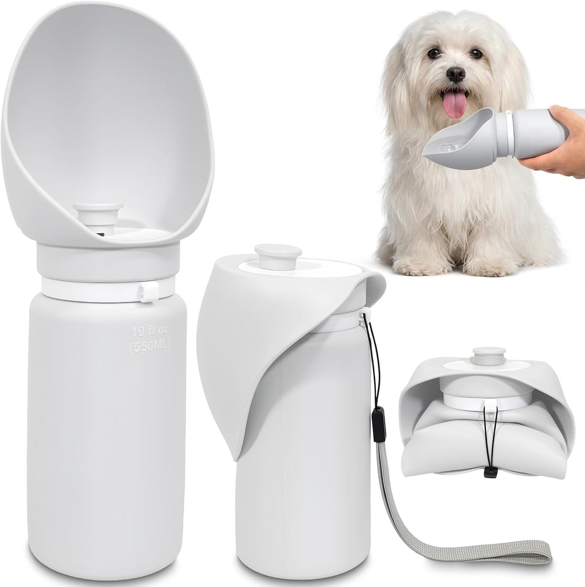 2 in 1 Foldable Dog Water Bottle, Leakproof Portable Pet Dispenser, Grey