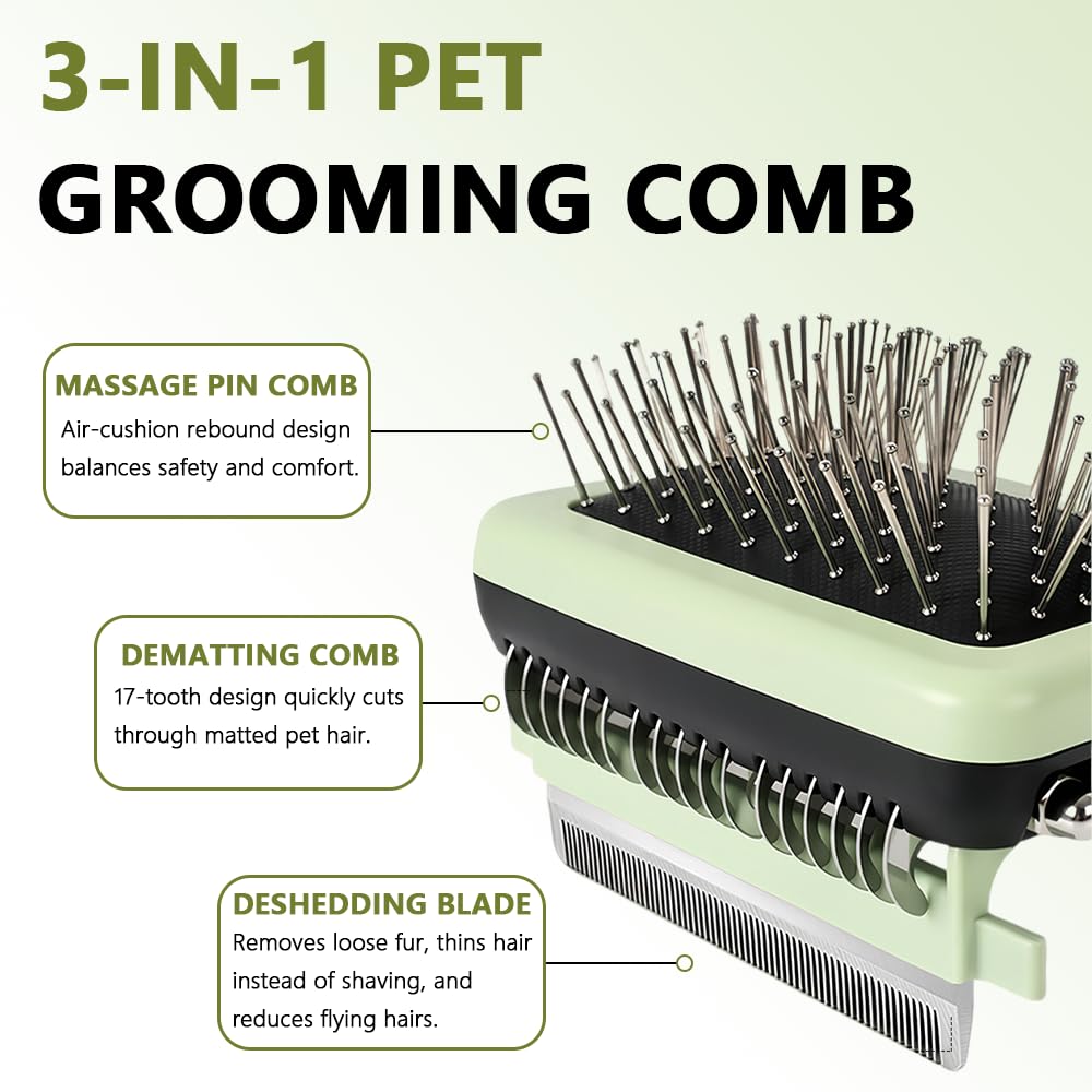3-in-1 Multifunctional Pet Grooming Brush, Dematting Comb + Deshedding Blade + Massage Pin Comb, Removes Tangles & Loose Fur, Grooming & Interactive Massaging Tool for Cats & Dogs
