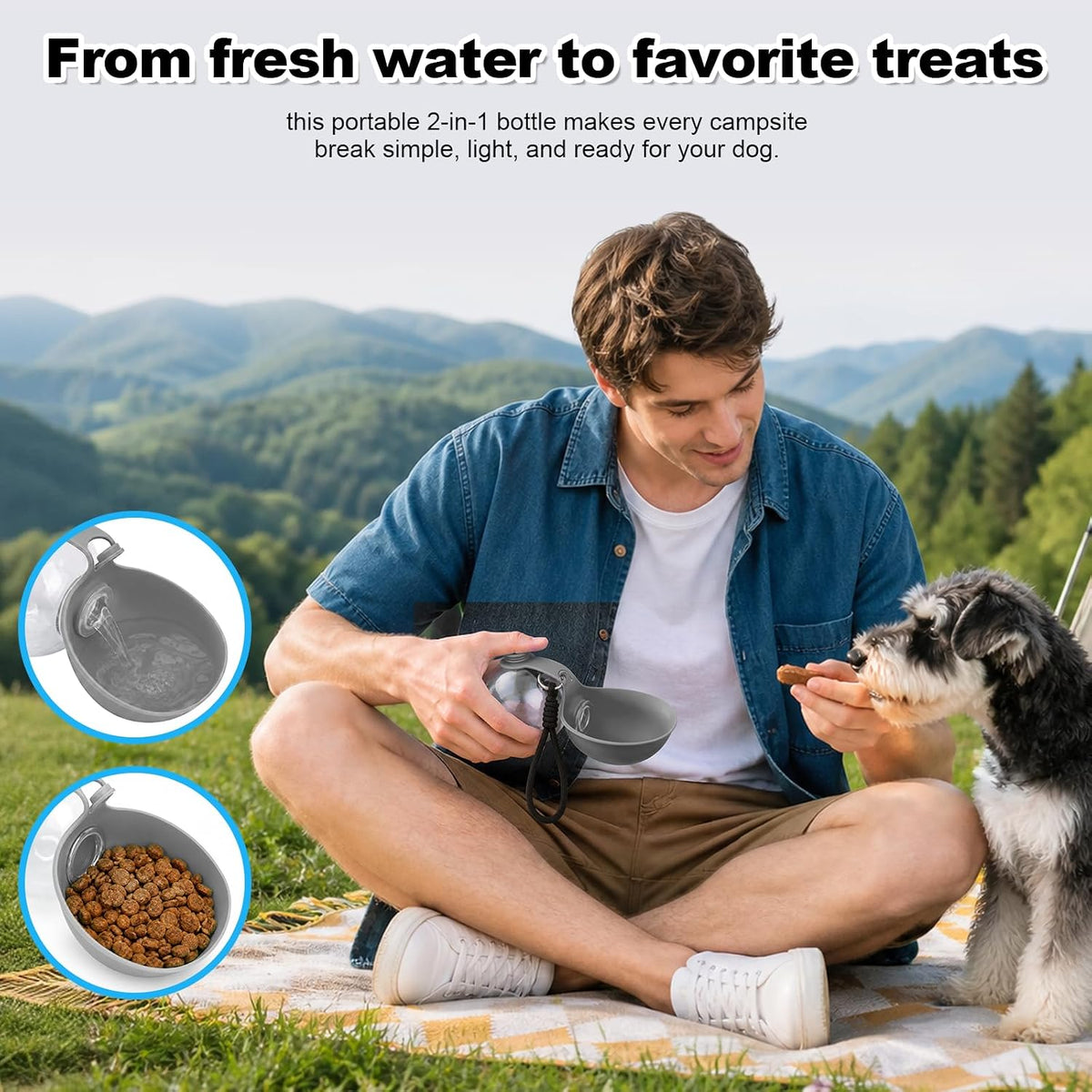 Portable Dog Water Bottle with Silicone Bowl, Travel Water Dispenser for Small Dogs, Walking and Hiking, Light Grey