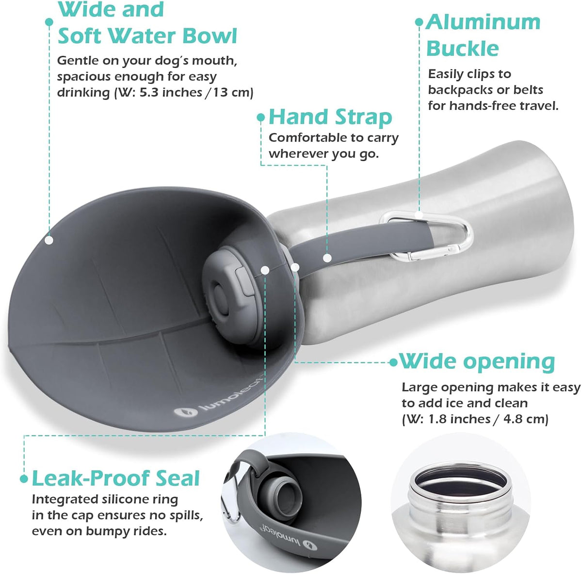 LumoLeaf Portable Dog Water Bottle 27 OZ, Stainless Steel Pet Travel Water Bottle Dispenser for Walking, Hiking and Outdoor, Portable Water Bowl for Large Dogs (Grey)