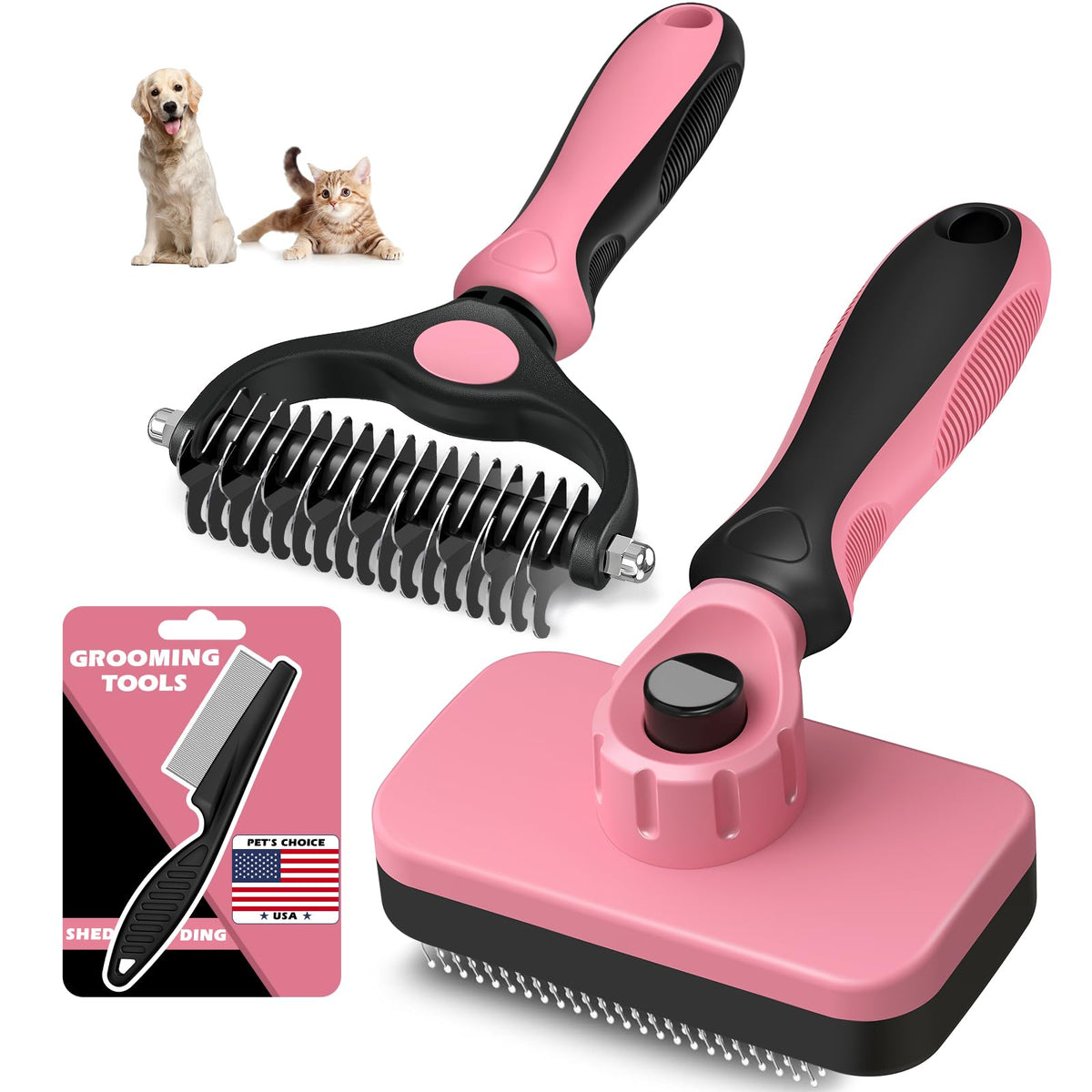 Professional 3PCS Self Cleaning Slicker Brush & Pet Grooming Rake & Flea Comb for Dogs,Cats and Horses | Double-Sided Dematting Comb & Skin Friendly Deshedding Grooming Tool | Pet Supplies
