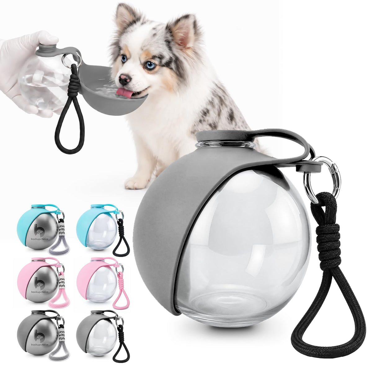 Portable Dog Water Bottle with Silicone Bowl, Travel Water Dispenser for Small Dogs, Walking and Hiking, Light Grey