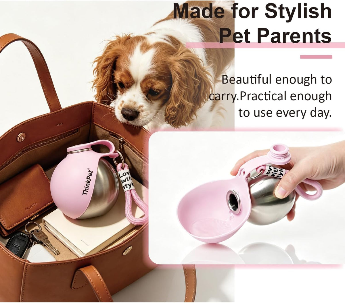 ThinkPet Leafsip 285ML Dog Water Bottle, Leak-Proof Portable, Pink