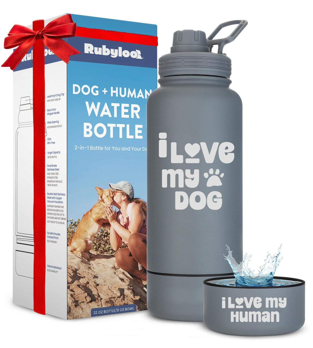 Rubyloo Dog Water Bottle w/Detachable Bowl for Dog Lovers, Life is Better