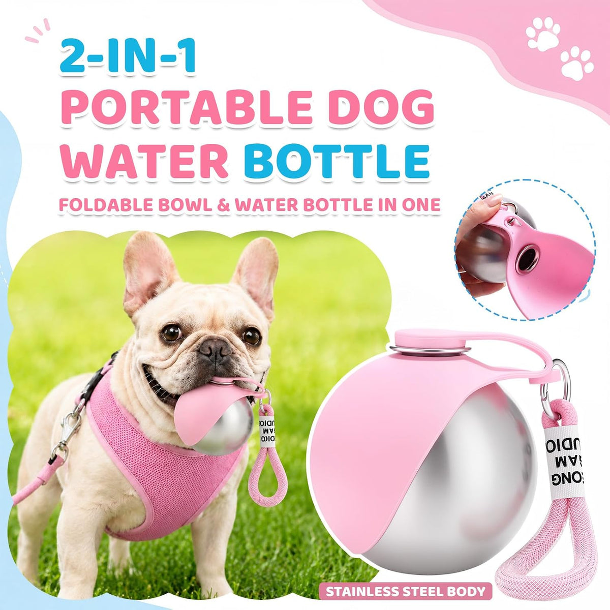 2 Pcs 2 in 1 Portable Dog Water Bottle with Silicone Bowl 10oz Stainless Steel Dog Travel Water Bottle Leak Proof Puppy Drinking Bottles for Walking Hiking Travel Outdoor Use
