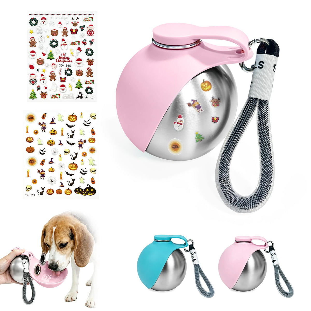 2 in 1 Portable Tumbler for Dogs,Portable Dog Water Ball(Pair with Halloween stickers DIY),10Oz Stainless Steel Dog Water Bottle with Silicone Foldable Bowl,Portable Small Dog Water Bottle for Walking