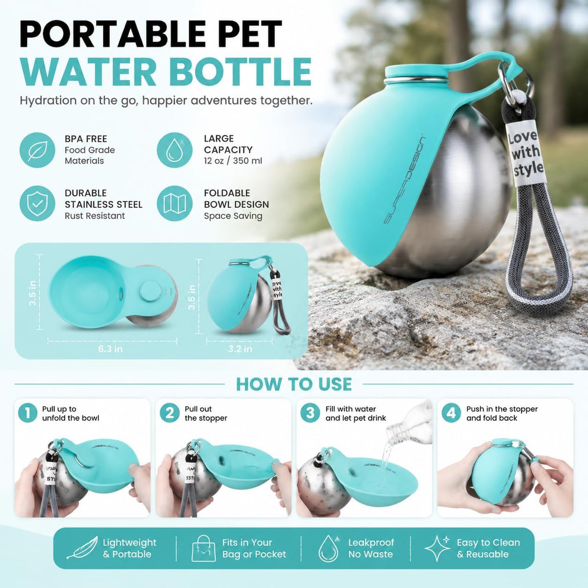 2-in-1 Portable Dog Water Bottle, 10 oz Stainless Steel with Foldable Bowl