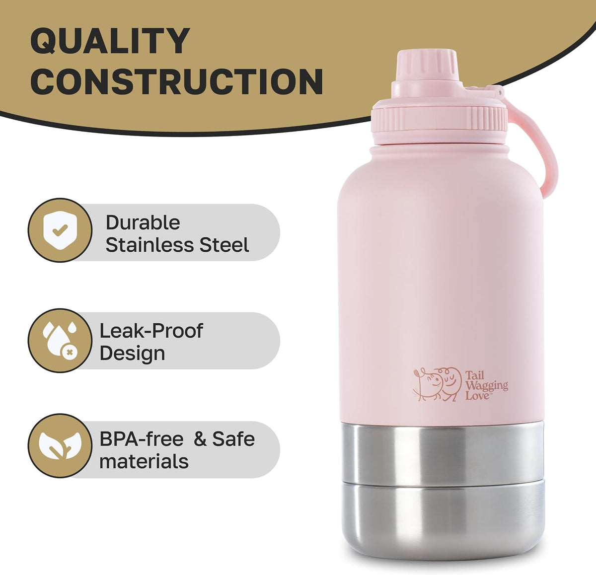 32oz 3-in-1 Travel Water Bottle for Dogs & Humans, Dual Use, Stainless Steel, Keeps Water Hot 6hrs/Cold 12hrs, Leak-Proof with Detachable Food & Water Bowls, Perfect for Travel