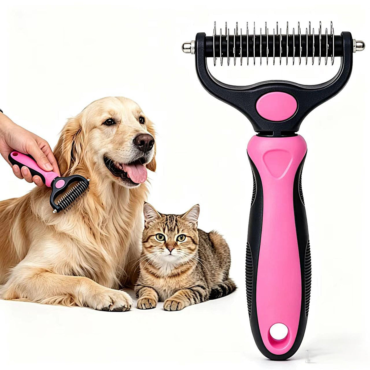 2-in-1 Dog & Cat Deshedding Brush, 17cm Long Stainless Steel Dog Rake Brush for Shedding, Pet Grooming Tool & Greyhound Comb for Mats, Tangles & Loose Undercoat, Non-Slip TPR Handle