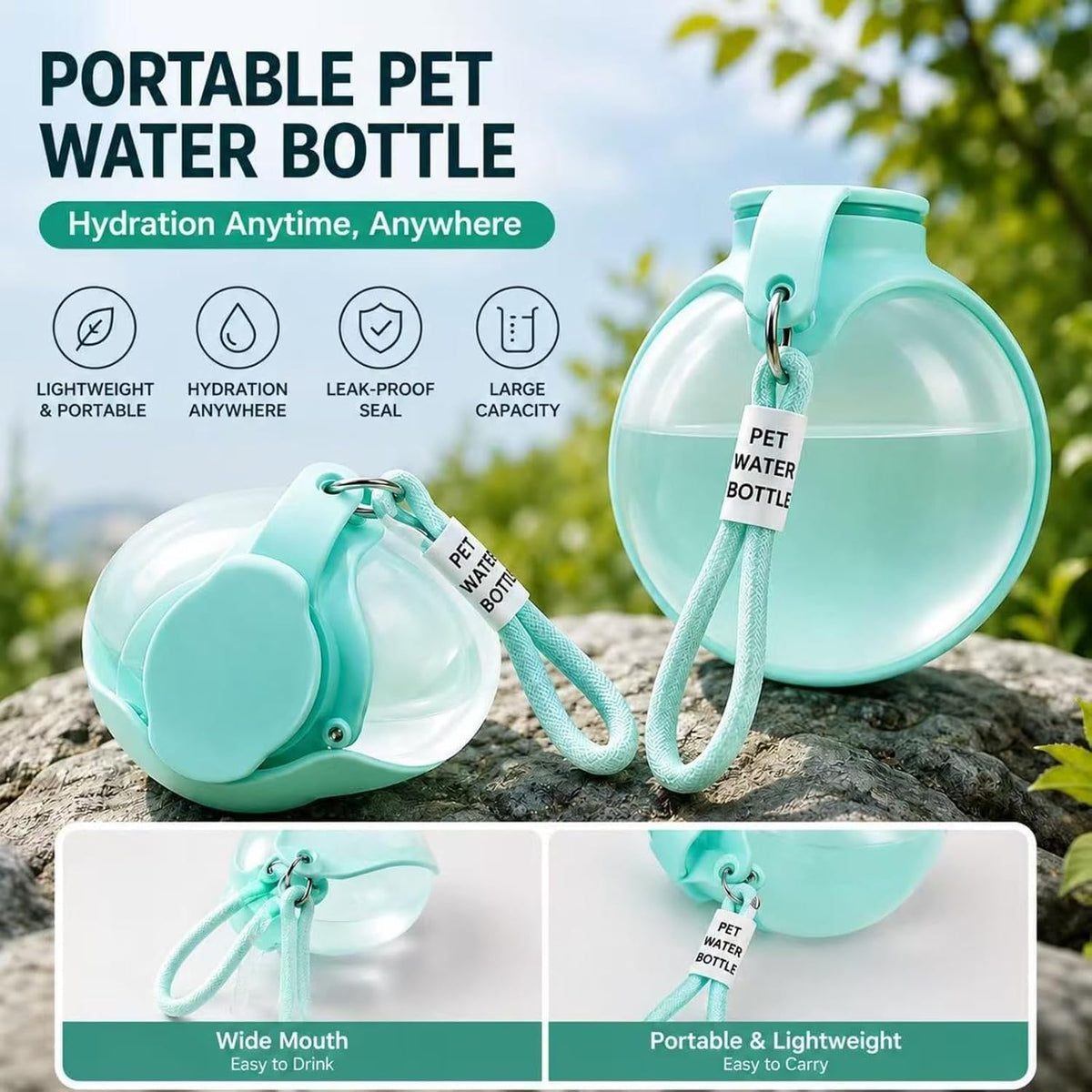 Dog Water Bottle, 2-in-1 Portable Oblate Foldable Pet Cup with Lanyard for Outdoor Walking-Leak-Proof Pet Travel Water Dispenserfood-Grade Silicone Drinking Tray for Small Cats and Dogs(Blue-Green)