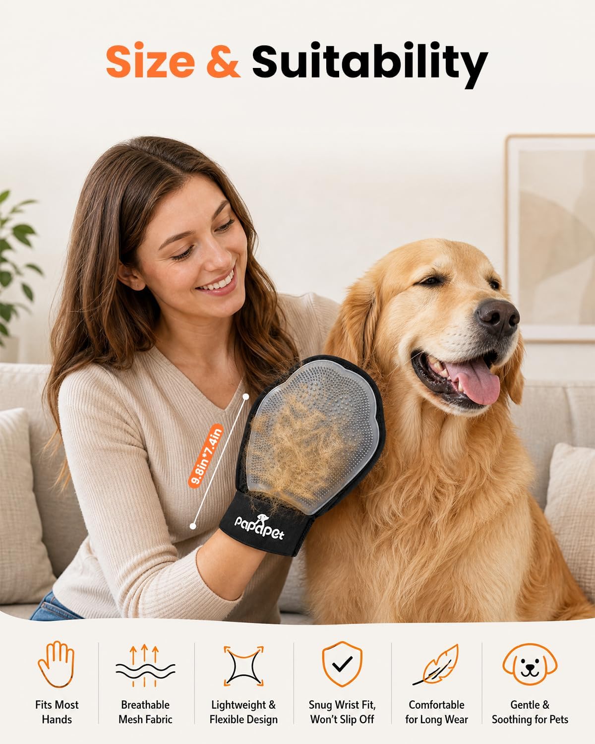 Pet Hair Removal Glove for Dogs & Cats, 2-in-1 Double-Sided Pet Grooming Tool, Static Pet Hair Remover for Clothes & Furniture + Silicone Brush for Massaging Pets & Removing Loose Fur