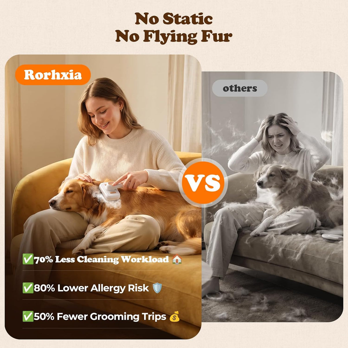 Rorhxia Cat & Dog Steam Brush for Shedding Deshedding with Self-Cleaning