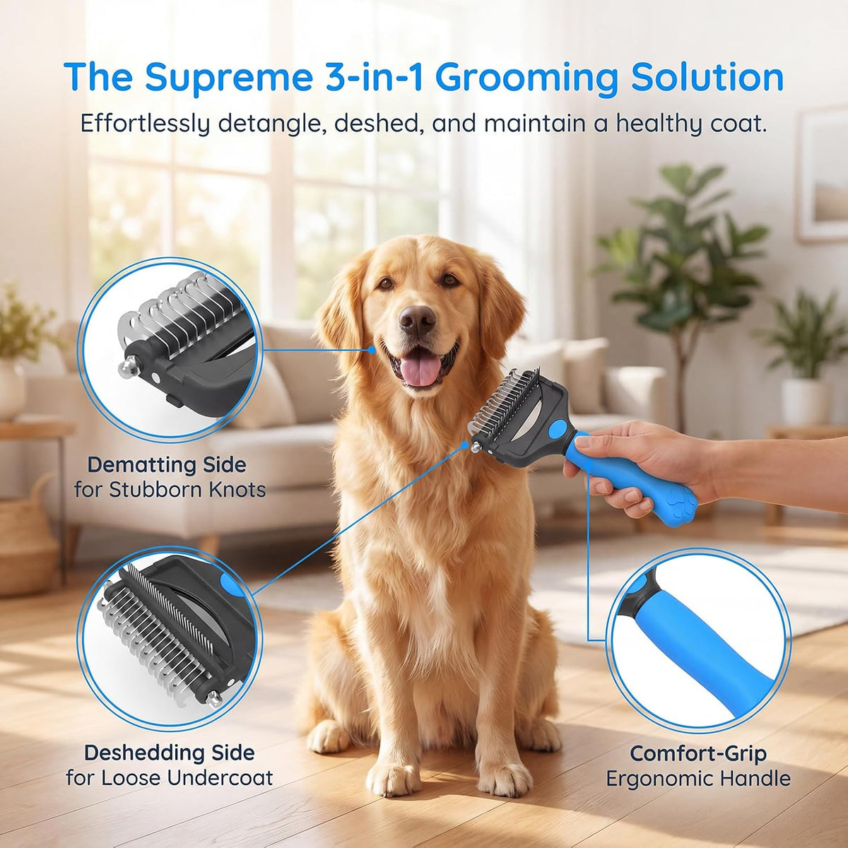 Deshedding Dog Brush,3-in-1 Undercoat Rake for Dogs (Blue)