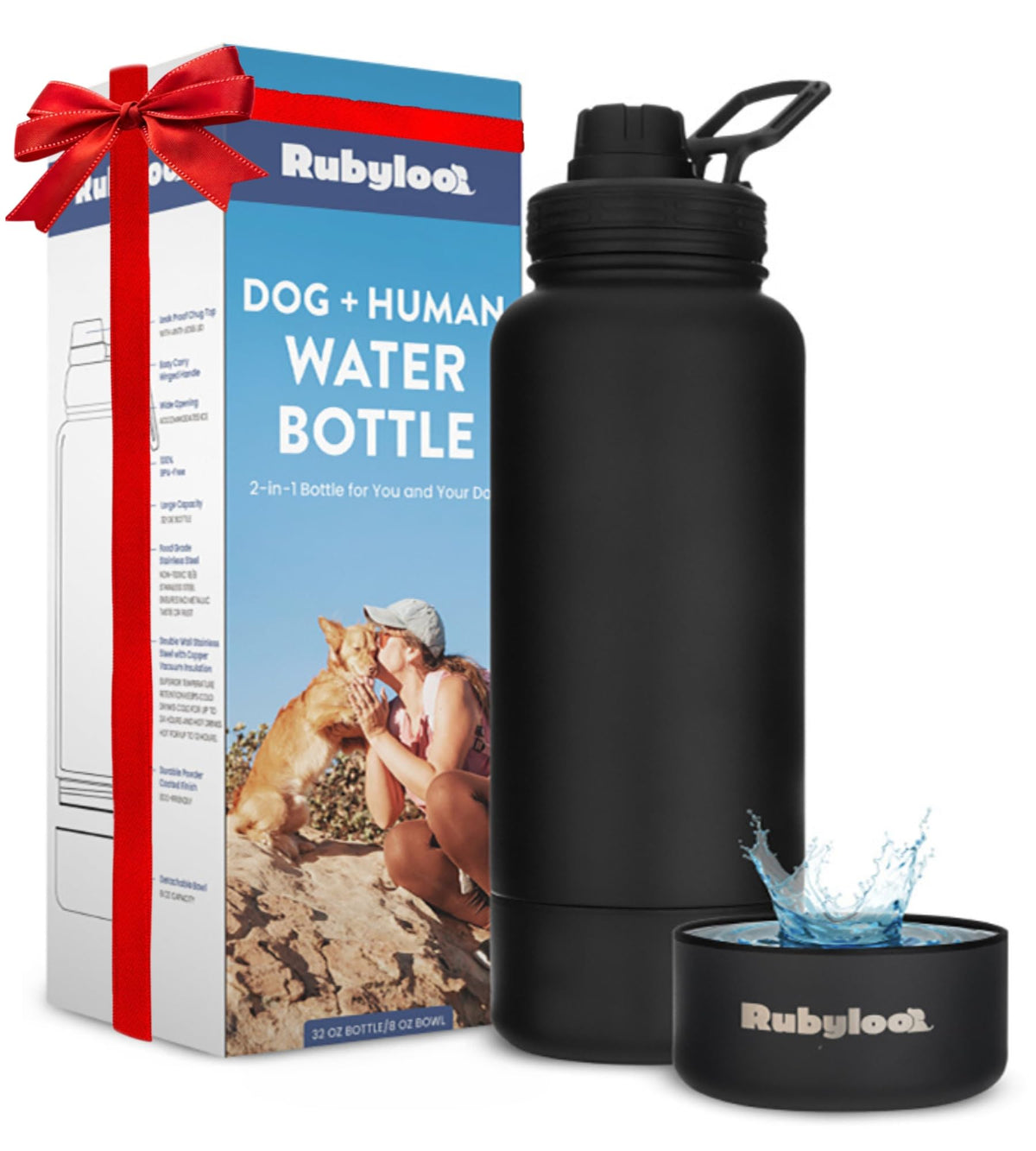 Rubyloo Dog Water Bottle w/Detachable Bowl for Dog Lovers, Life is Better