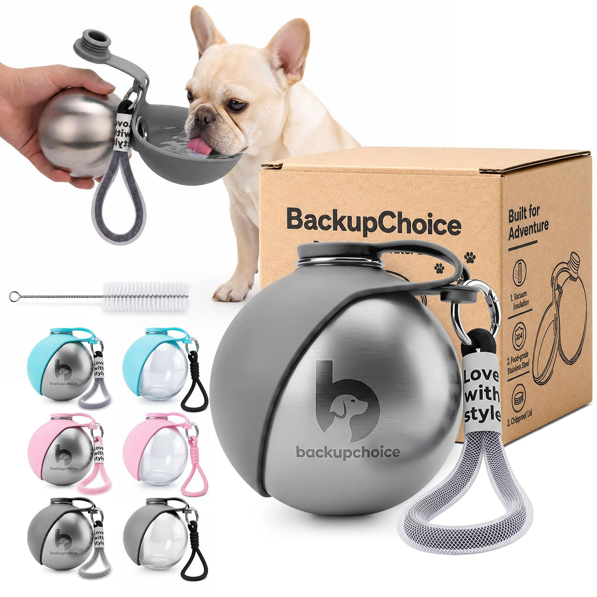 Portable Dog Water Bottle with Silicone Bowl, Travel Water Dispenser for Small Dogs, Walking and Hiking, Light Grey