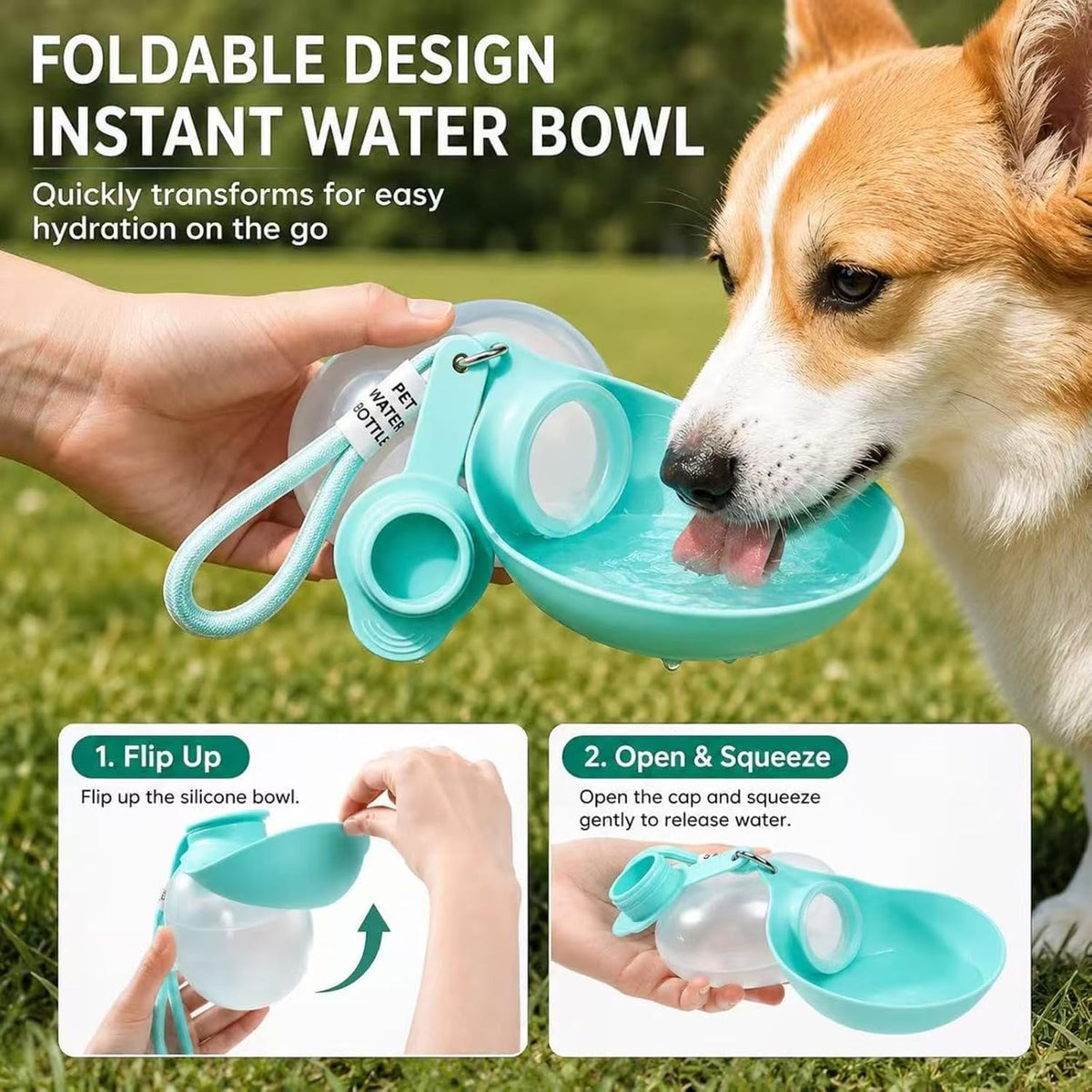 Dog Water Bottle, 2-in-1 Portable Oblate Foldable Pet Cup with Lanyard for Outdoor Walking-Leak-Proof Pet Travel Water Dispenserfood-Grade Silicone Drinking Tray for Small Cats and Dogs(Blue-Green)