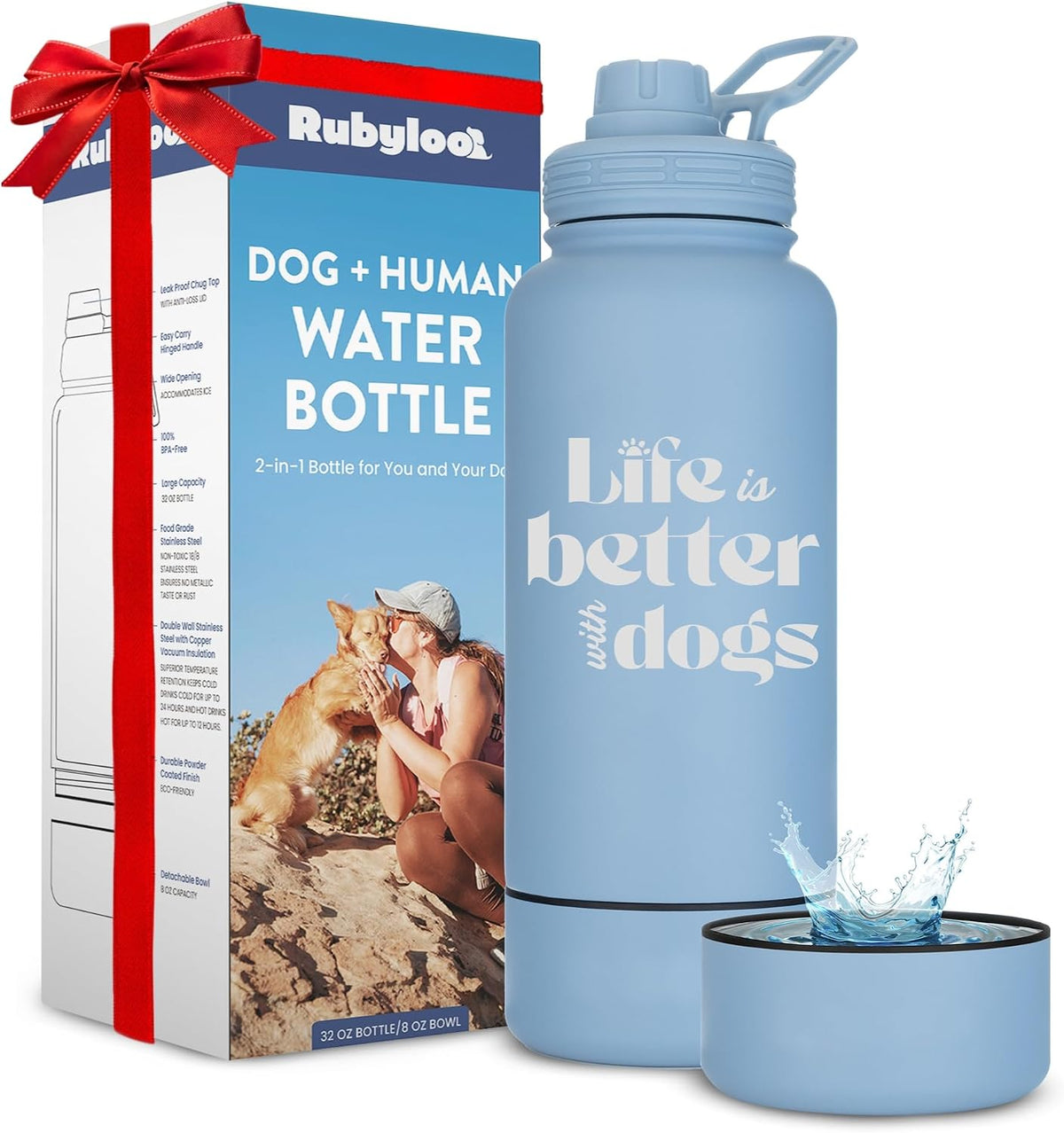 Rubyloo Dog Water Bottle w/Detachable Bowl for Dog Lovers, Life is Better