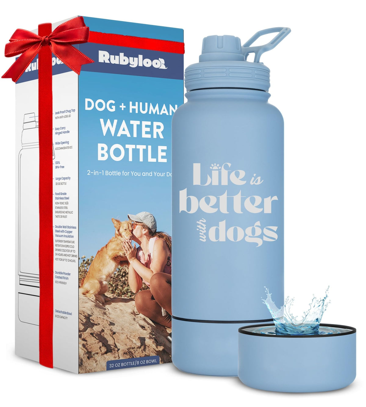 Rubyloo Dog Water Bottle w/Detachable Bowl for Dog Lovers, Life is Better
