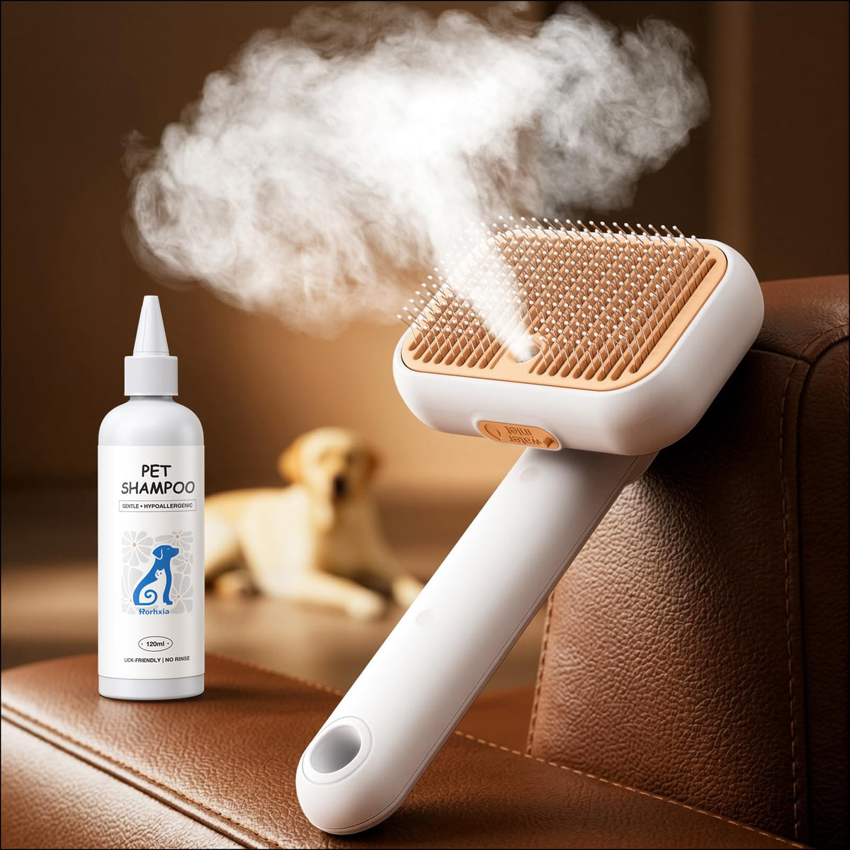 Rorhxia Cat & Dog Steam Brush for Shedding Deshedding with Self-Cleaning