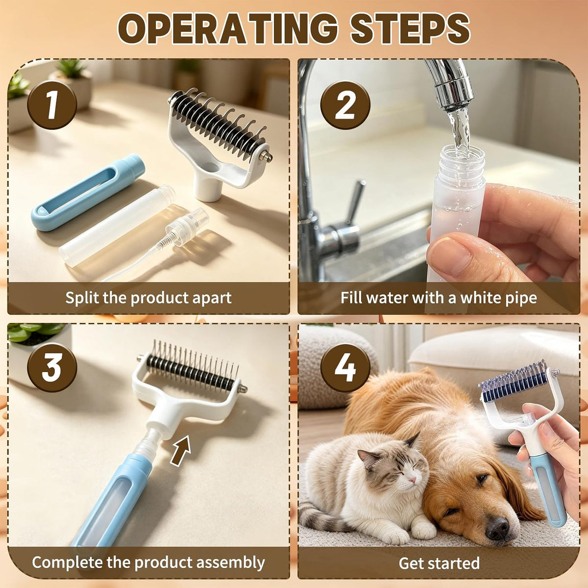 2-in-1 Dematting Comb for Cats & Dogs, Pet Grooming Brush with Spray