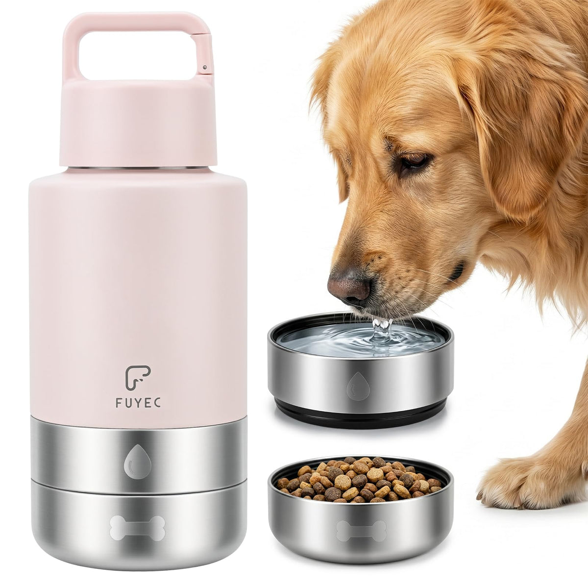 Dog Water Bottle 32oz, Insulated Stainless Steel Travel Water Dispenser with 2 Detachable Dog Bowls for Food and Water, Leak Proof Portable Pet Drinking Cup for Walking Hiking Camping (Orange)