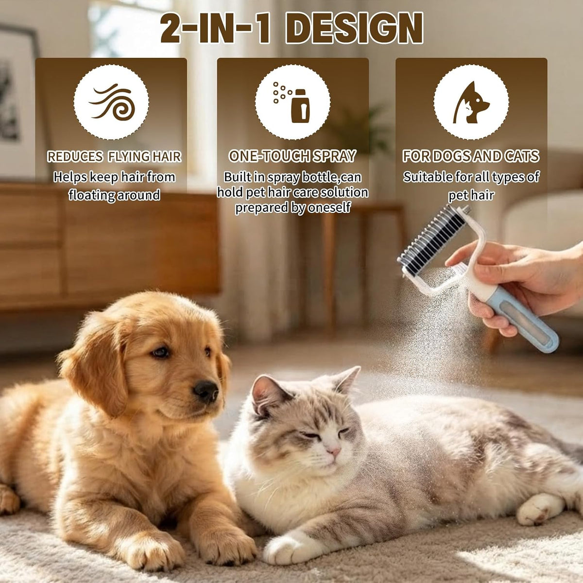 2-in-1 Dematting Comb for Cats & Dogs, Pet Grooming Brush with Spray