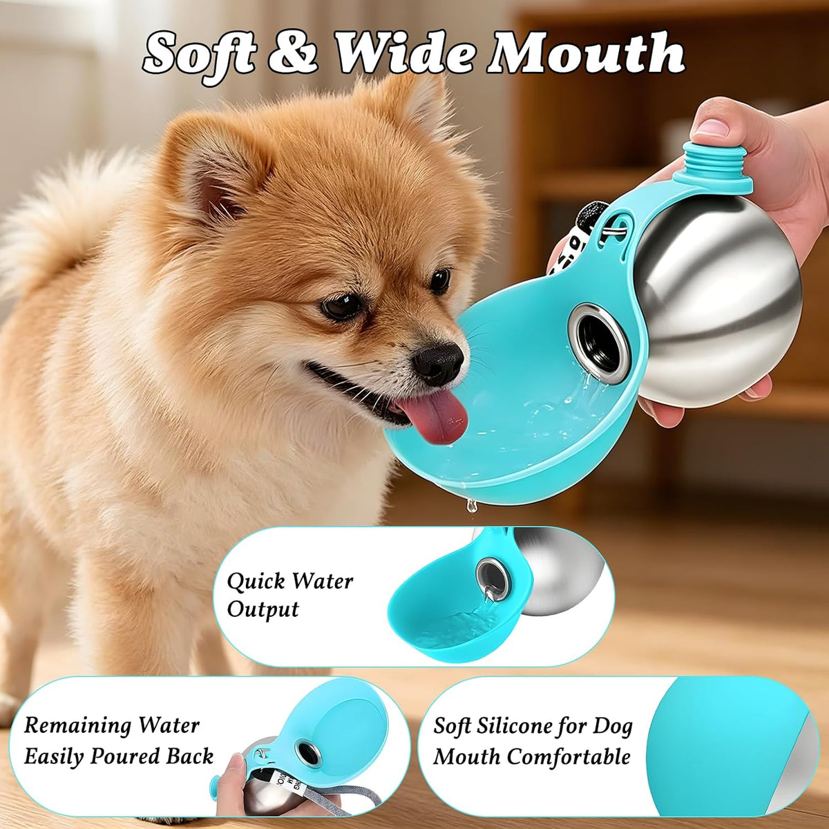 Dog Water Bottle Portable 2 in 1 Foldable Stainless Steel Bowl