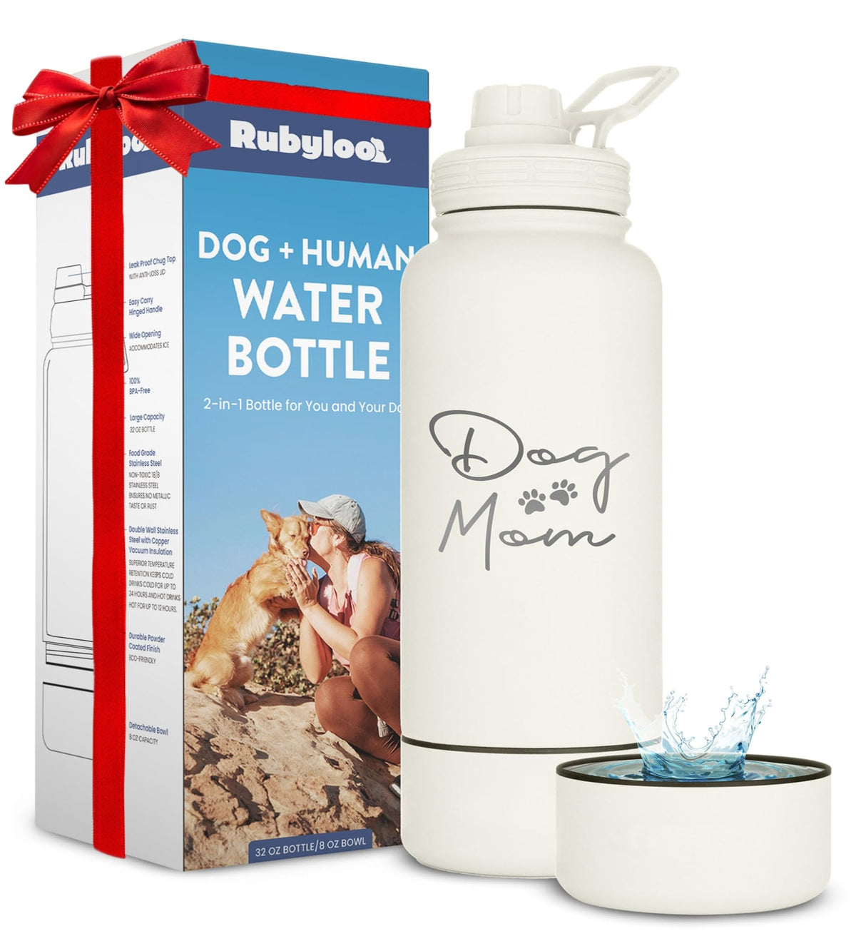 Rubyloo Dog Water Bottle w/Detachable Bowl for Dog Lovers, Life is Better