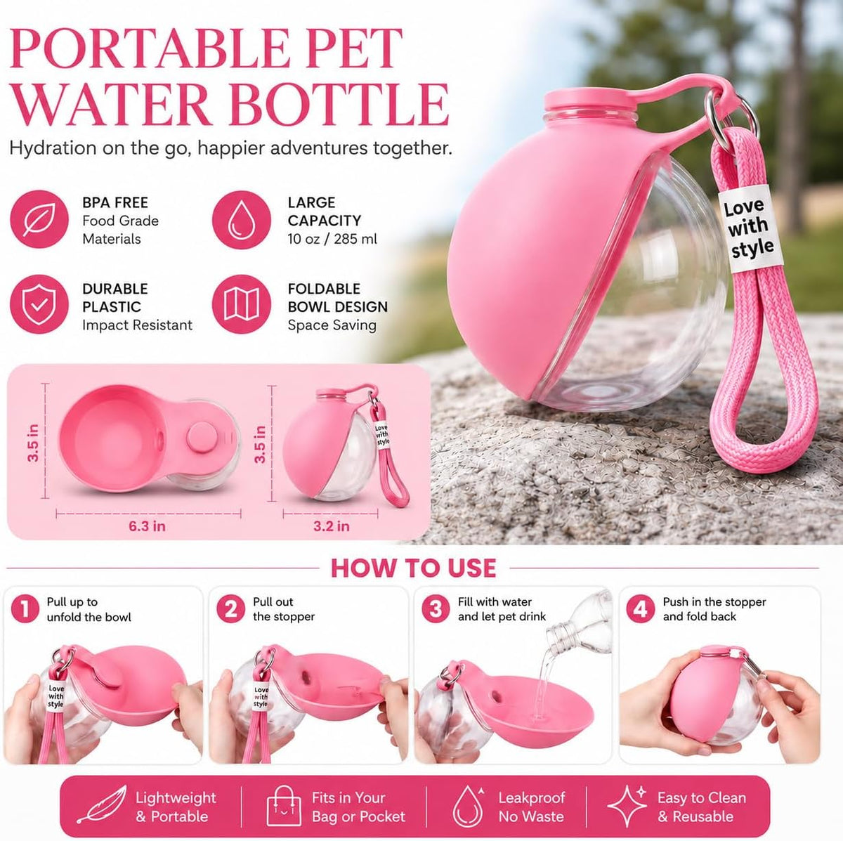 2-in-1 Portable Dog Water Bottle with Bowl, 10oz