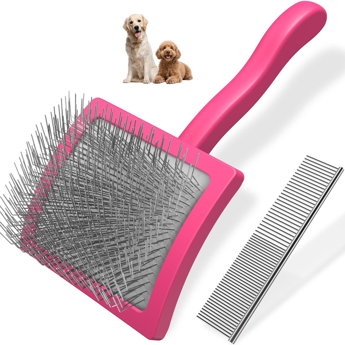 2PCS Slicker Brush for Dogs & Pet Comb,Professional Dog Grooming Brush (Goldendoodles,Poodles,Labradoodles) with Extra Long Pins to Effectively Remove Tangles, Knots and Mats (Blue, Large)