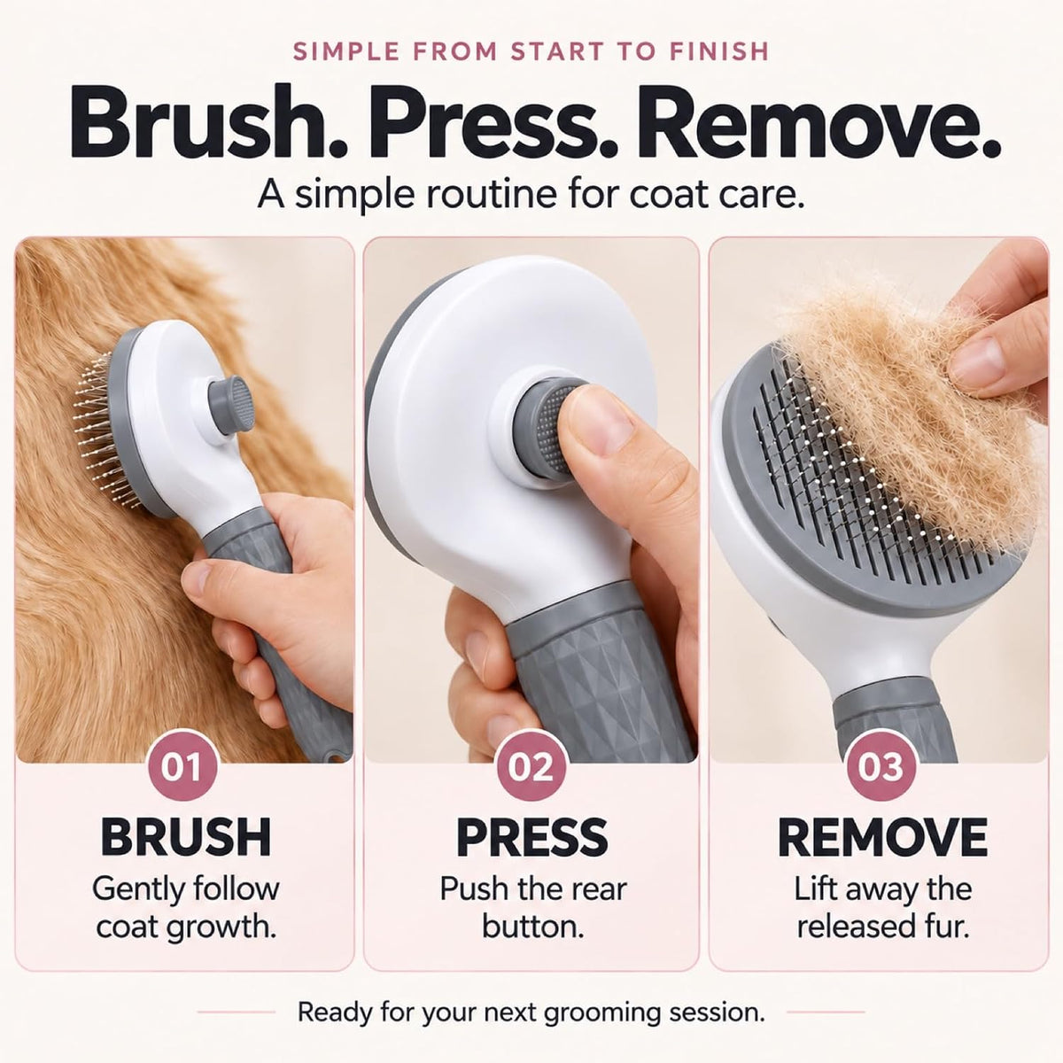 Dog Brush for Shedding and Cat Grooming, Self-Cleaning Slicker Brush with Rounded Pin Tips, Textured Handle and Hair Release Button, Gray