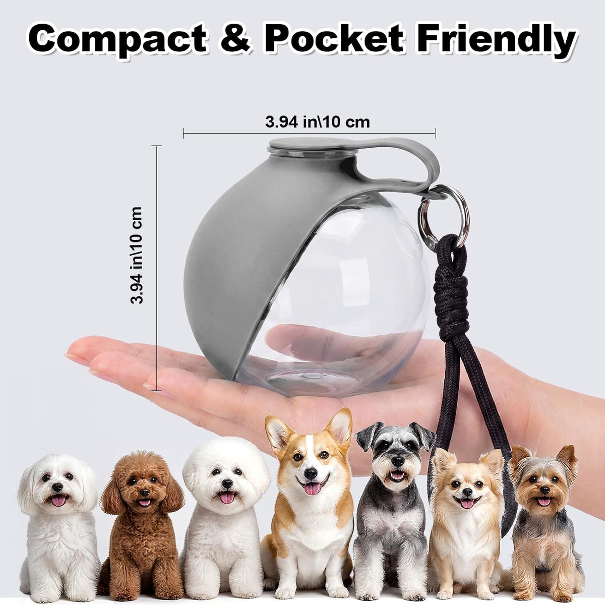 Portable Dog Water Bottle with Silicone Bowl, Travel Water Dispenser for Small Dogs, Walking and Hiking, Light Grey