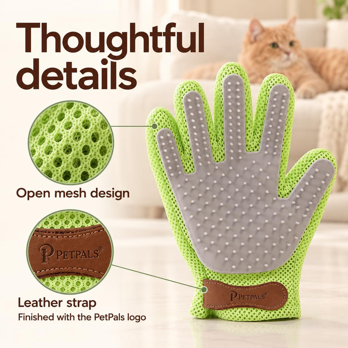 PetPals Single Pet Hair Removal Glove, Double-Sided Cat Grooming Glove