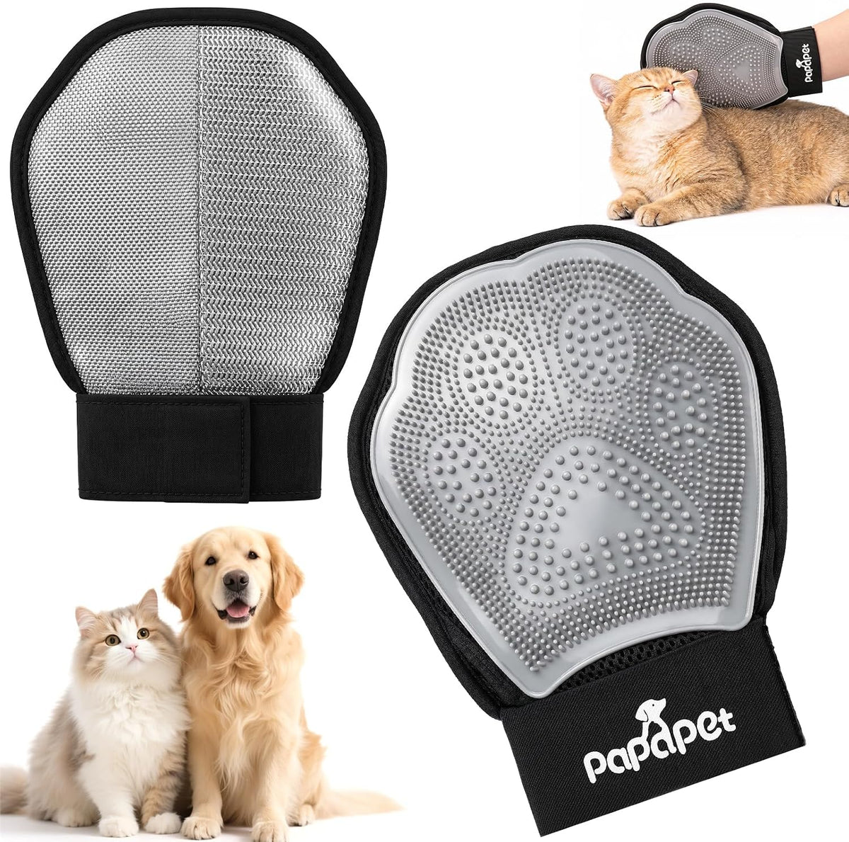Pet Hair Removal Glove for Dogs & Cats, 2-in-1 Double-Sided Pet Grooming Tool, Static Pet Hair Remover for Clothes & Furniture + Silicone Brush for Massaging Pets & Removing Loose Fur