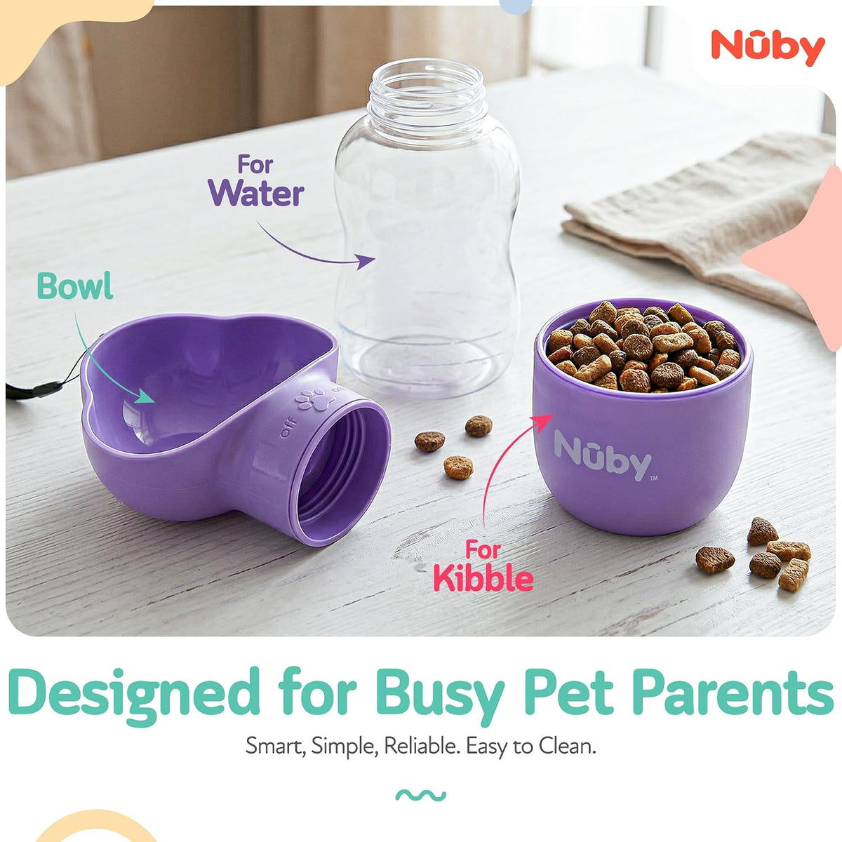 Nuby Dog Water Bottle, Portable Pet Travel Bottle, Water and Food Container for Dogs, Leak-Proof, Easy Carry Strap, Puppy Essentials, 10oz Water & 6.76oz Food Capacity, Lavender