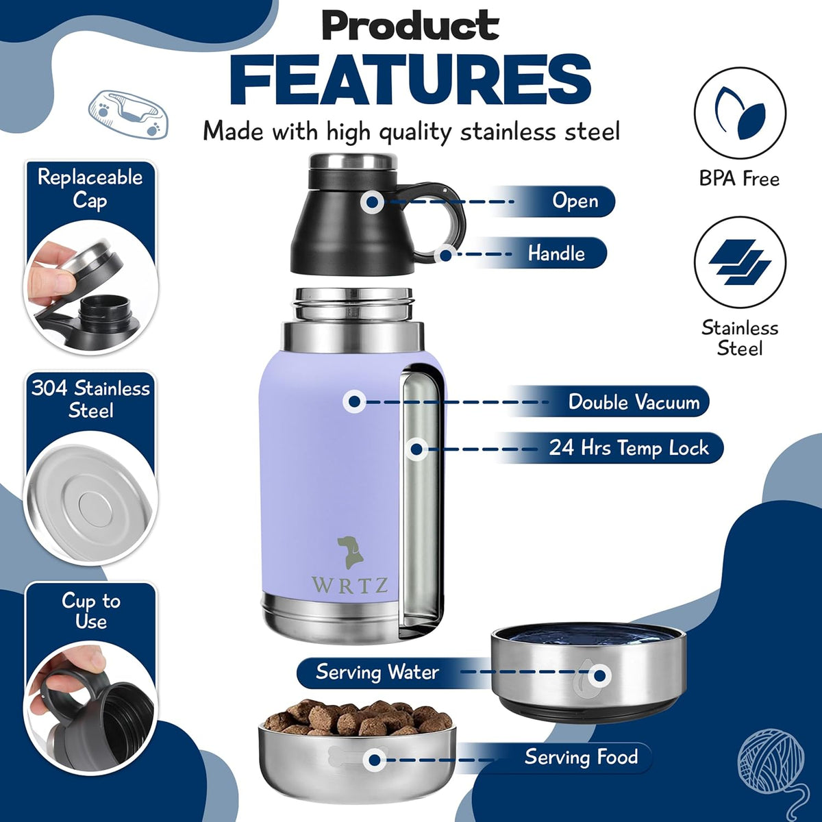 Portable Dog Water Bottle with 2 Removable Water Bowls for Dogs – Leak-Proof Insulated Stainless Steel Dog Water Bottle – Travel Accessories for Dogs - 32oz - Lavender