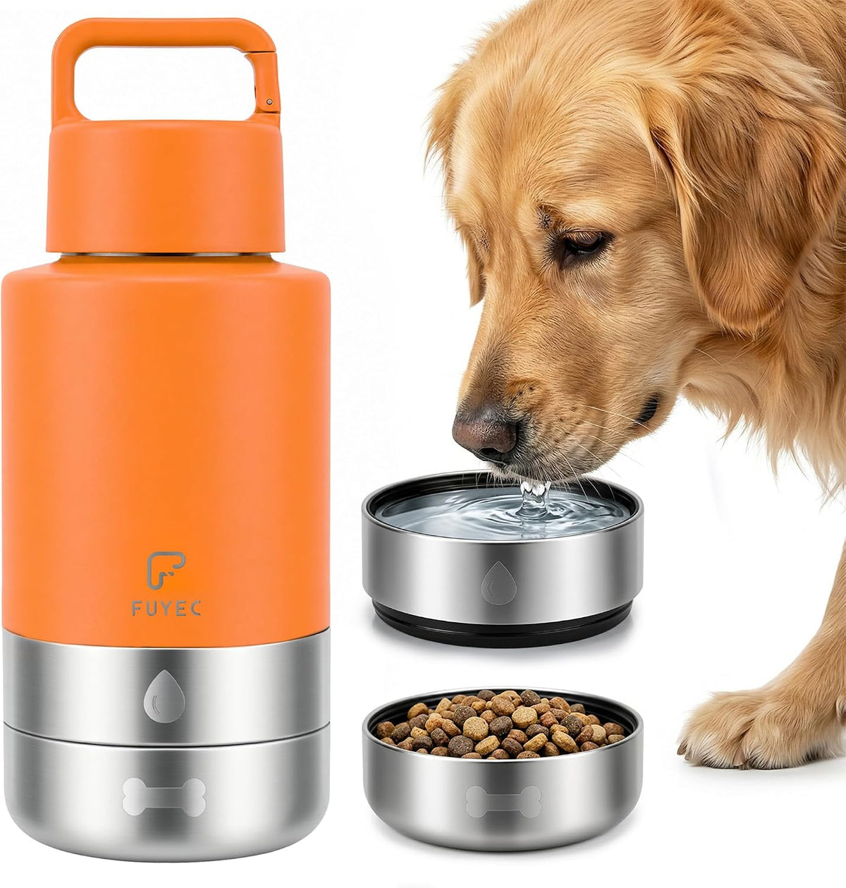 Dog Water Bottle 32oz, Insulated Stainless Steel Travel Water Dispenser with 2 Detachable Dog Bowls for Food and Water, Leak Proof Portable Pet Drinking Cup for Walking Hiking Camping (Orange)