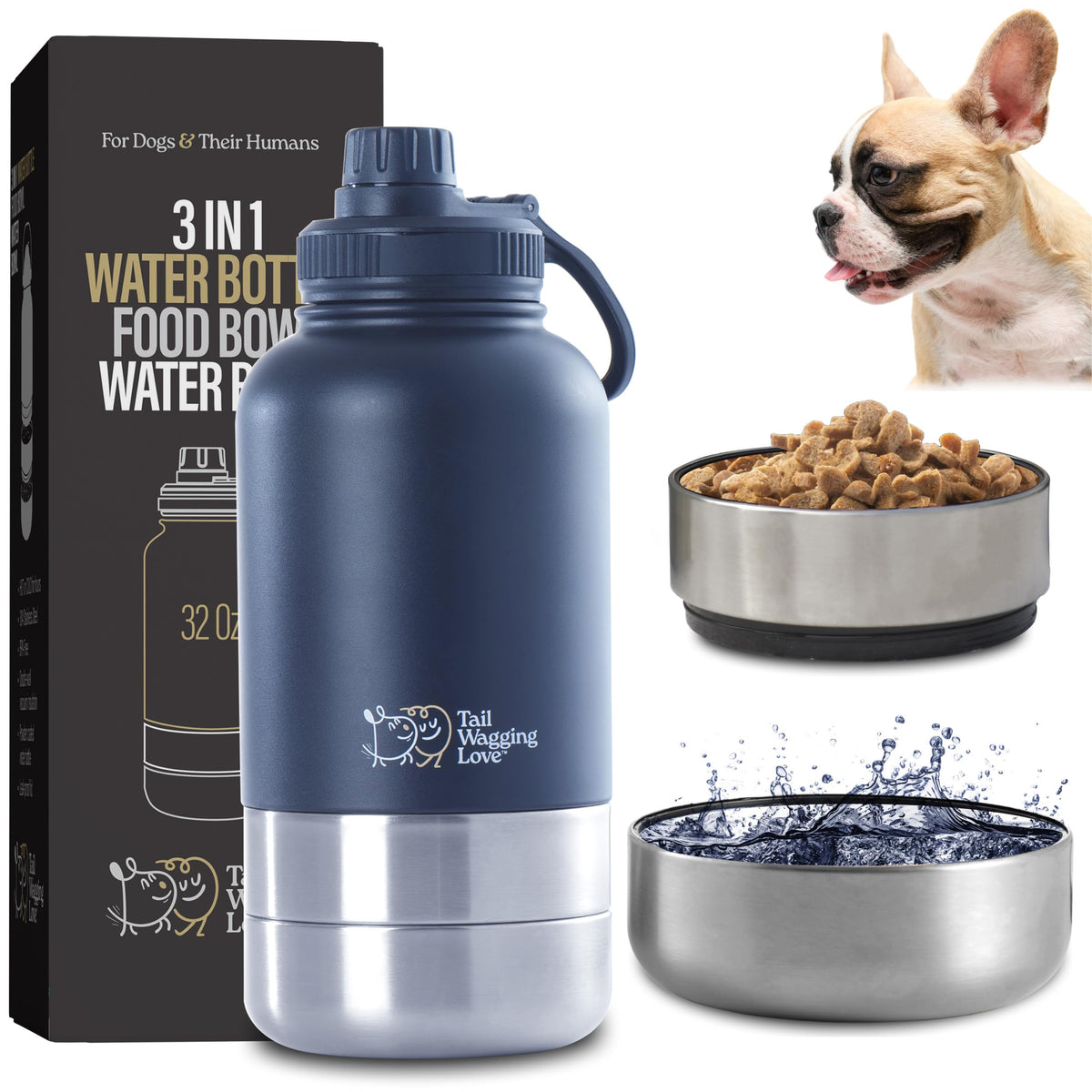 32oz 3-in-1 Travel Water Bottle for Dogs & Humans, Dual Use, Stainless Steel, Keeps Water Hot 6hrs/Cold 12hrs, Leak-Proof with Detachable Food & Water Bowls, Perfect for Travel
