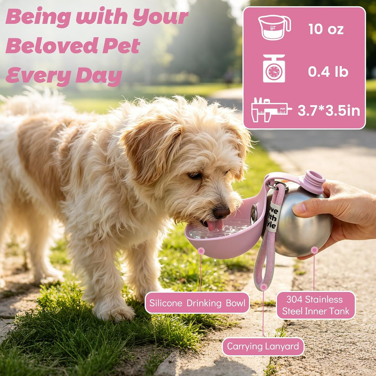 2 in 1 Portable Dog Water Bottle 10oz Pet Water Dispenser with Bowl, Pink