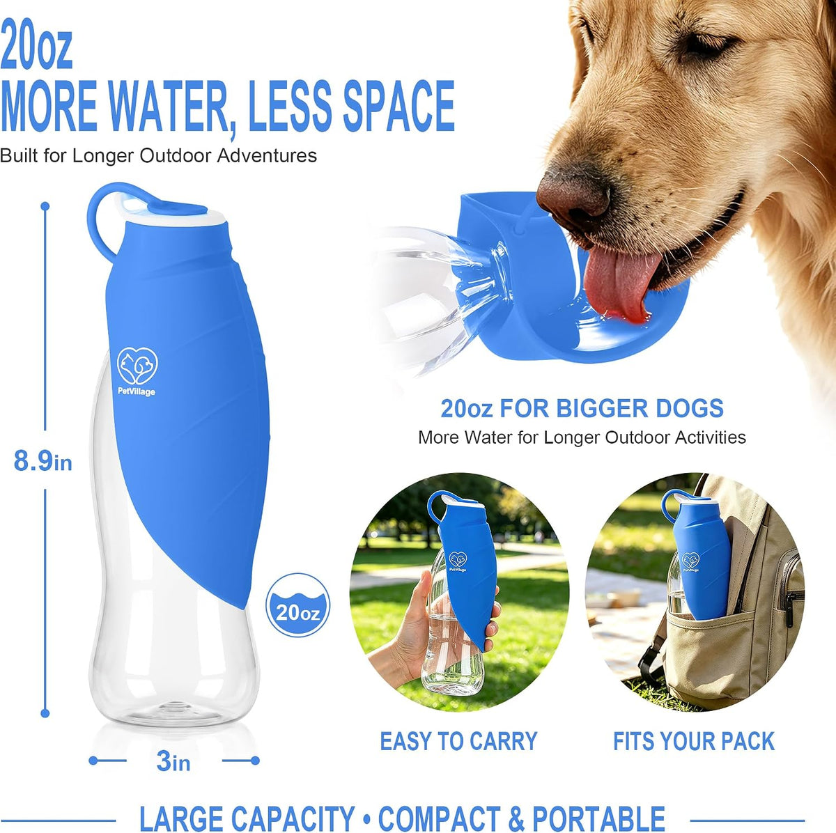 Dog Water Bottle with Foldable Bowl, 20oz Large Capacity