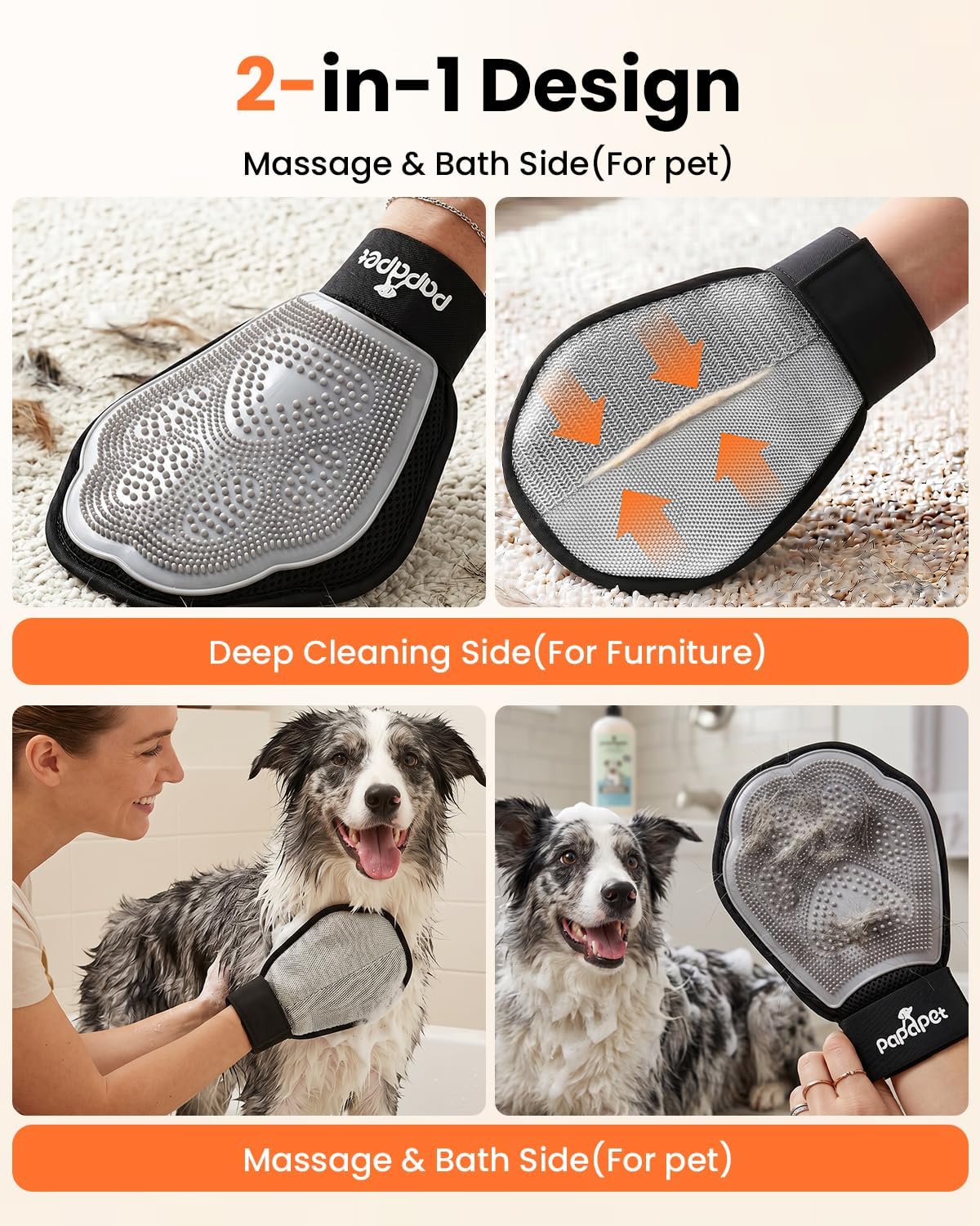 Pet Hair Removal Glove for Dogs & Cats, 2-in-1 Double-Sided Pet Grooming Tool, Static Pet Hair Remover for Clothes & Furniture + Silicone Brush for Massaging Pets & Removing Loose Fur