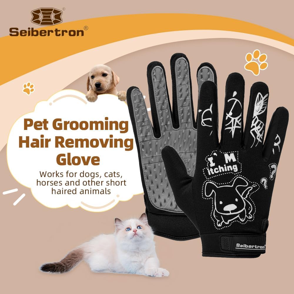 Seibertron Patented P.G.M.G-1 Pet Hair Remover/Deshedding Grooming Gloves Seven Sizes Fit All Works for Dogs, Horses, Cats and Other Animals Short Fur(1-Pair) Adult Black XXS