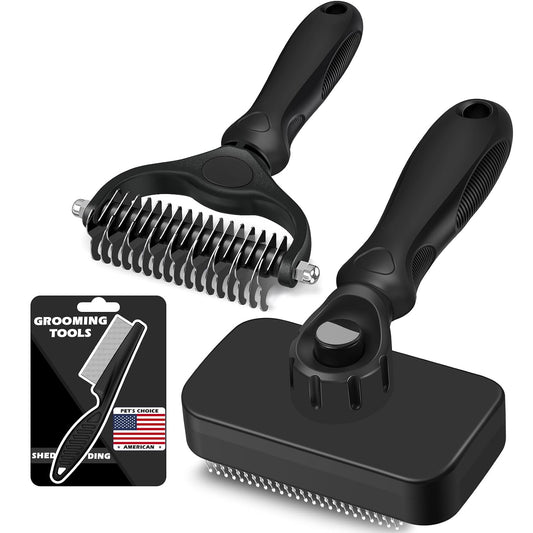 Professional 3PCS Self Cleaning Slicker Brush & Pet Grooming Rake & Flea Comb for Dogs,Cats and Horses | Double-Sided Dematting Comb & Skin Friendly Deshedding Grooming Tool | Pet Supplies