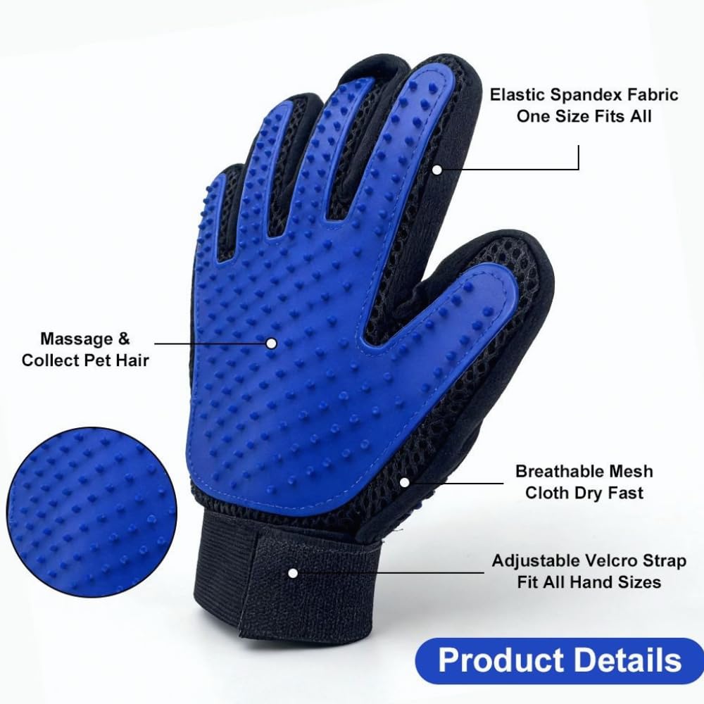 Pet Grooming Glove for Dogs & Cats, Silicone Deshedding Brush, Gentle Hair Remover Mitt with Soft Massage Tips, Bath Grooming Tool for Long & Short Hair, Adjustable Wrist Strap, Blue