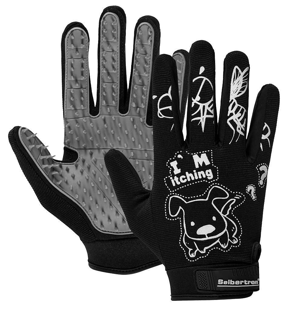 Seibertron Patented P.G.M.G-1 Pet Hair Remover/Deshedding Grooming Gloves Seven Sizes Fit All Works for Dogs, Horses, Cats and Other Animals Short Fur(1-Pair) Adult Black XXS